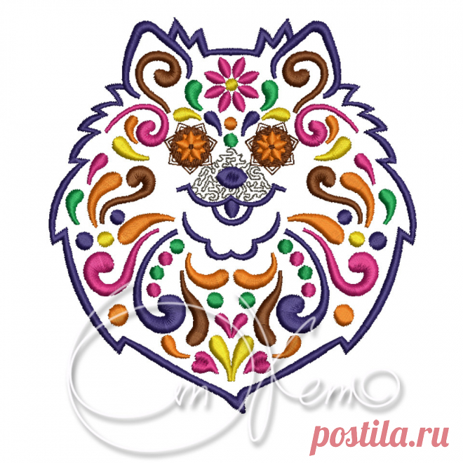 MACHINE EMBROIDERY DESIGN Calavera Pomeranian spitz Dia de