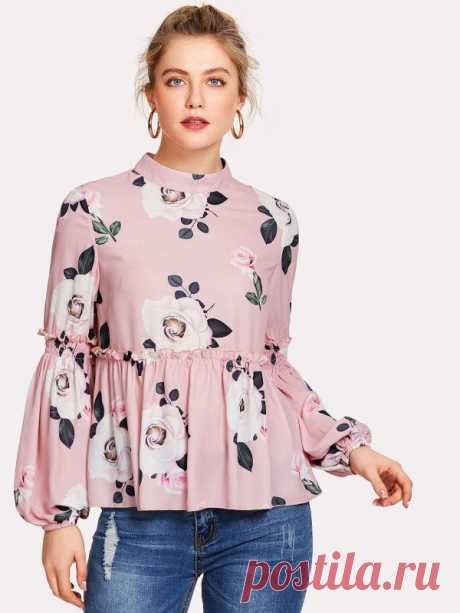 SHEIN Bishop Sleeve Frill Detail Floral Blouse