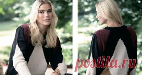 Джемпер с узором из больших ромбов            Этот джемпер связан крупным геометрическим узором в стиле 80-х из шелковой пряжи, но вы можете попробовать и другие варианты.    ...