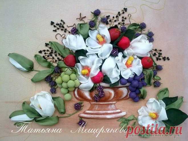 Вышивка лентами. По мотивам картины Барбары Мок. "Магнолии и фрукты"