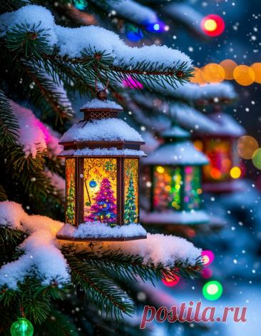 на пушистой  еловой ветке покрытой пушистым снегом красивые разноцветные елочные фонарики, с рождественскими украшениями и разноцветными огнями, снегом