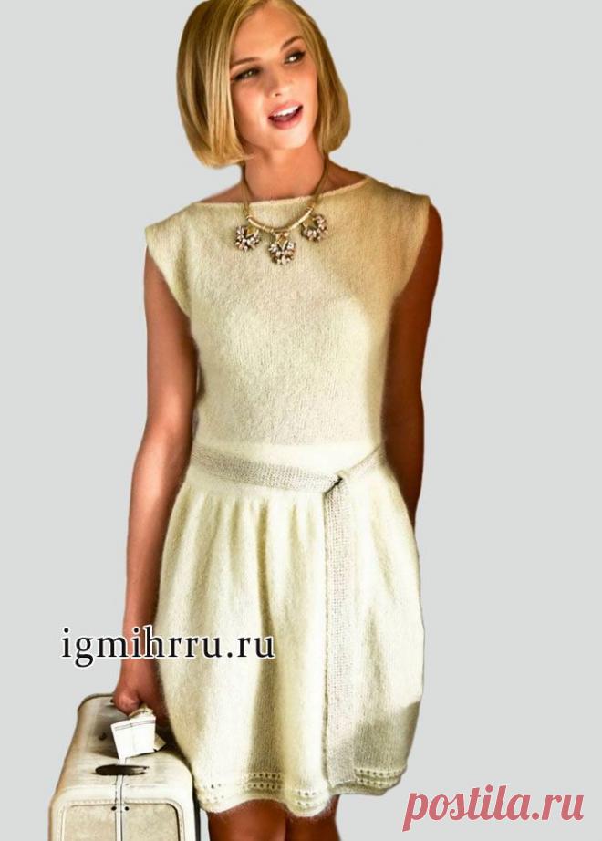 В ретро-стиле! Элегантное желтое платье из мохеровой пряжи с добавлением шелка. Вязание спицами
