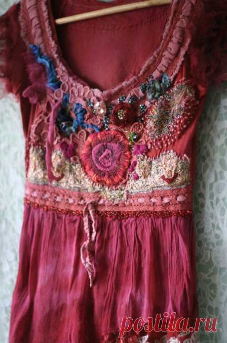 Flamenco--romantic embroidered blouse, top, textile collage, wearable art, hand…