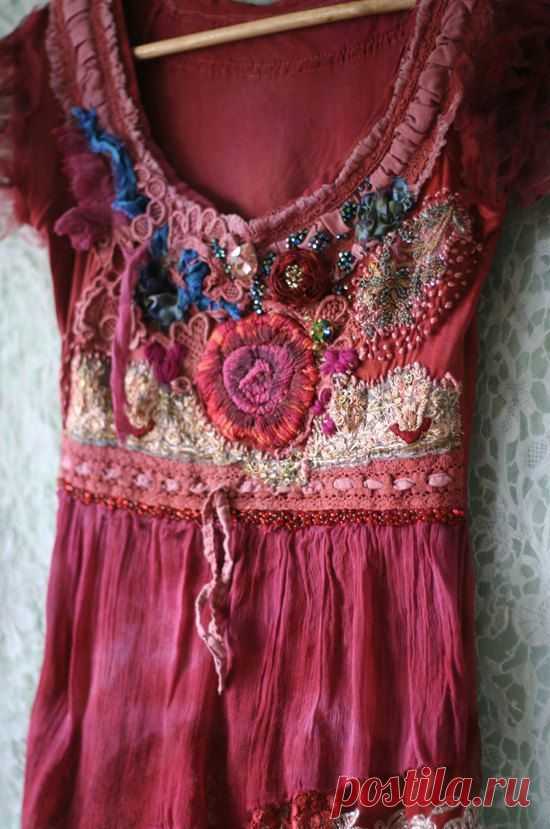 Flamenco--romantic embroidered blouse, top, textile collage, wearable art, hand…