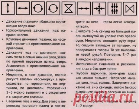 Ради хорошего зрения не пожалейте 10 минут в день
Зарядка для глаз творит чудеса, если делать ее регулярно. Из предложенных 10 упражнений можно выбрать пять, но всему комплексу нужно посвящать примерно 10 минут каждый день.
1. Поморгайте часто в течение двух минут — это нормализует внутриглазное кровообращение.
2. Скосите глаза вправо, а затем переведите взгляд по прямой линии. Проделайте то же самое в противоположном направлении.
3. Ощутите темноту. Считается, что погружение в темноту спосо
