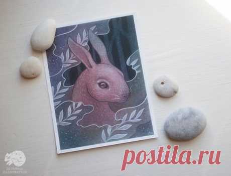 Mystical Rabbit // Archival giclée print // Pastels pink beautiful blue amethyst // mixed media artwork Mystical Rabbit print, Mists of Change  - 5.5 x 7 archival quality matte print. - Title and artists signature located on back of print.  - Ships flat against artcare archival stiff board in a clear bag.  🌿 Comes with a free greeting card 🌿  Purchasing this print does not transfer