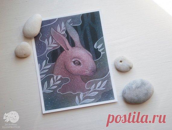 Mystical Rabbit // Archival giclée print // Pastels pink beautiful blue amethyst // mixed media artwork Mystical Rabbit print, Mists of Change  - 5.5 x 7 archival quality matte print. - Title and artists signature located on back of print.  - Ships flat against artcare archival stiff board in a clear bag.  🌿 Comes with a free greeting card 🌿  Purchasing this print does not transfer