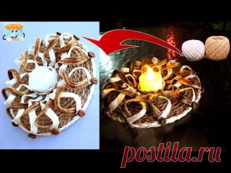 An original do-it-yourself candlestick made of jute. Crafts. Needlework