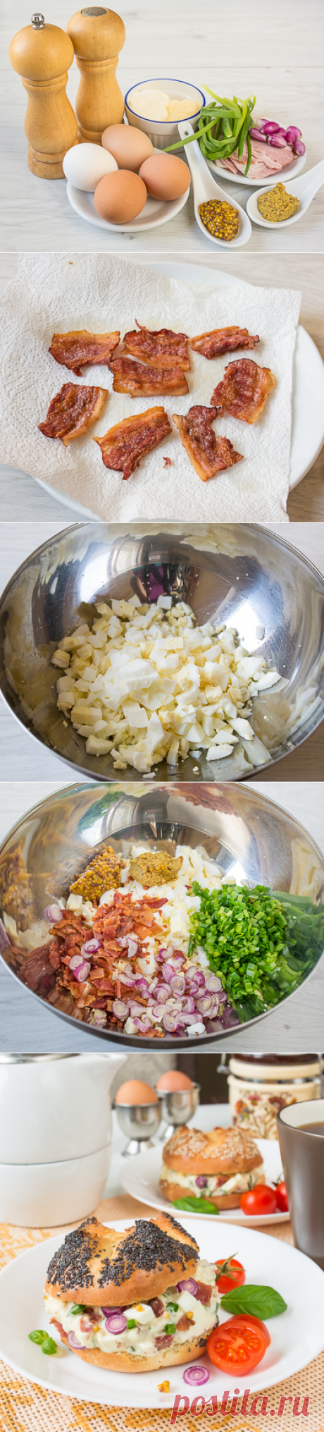 Яичный САЛАТ с беконом
= Отличная НАЧИНКА для сэндвичей, профитролей, печеного целиком картофеля и т.д. и т.п.

=Ингредиенты на 4 порции:
4 сваренных вкрутую яйца
120 г бекона, нарезанного на тонкие ломтики
1 ч.л. зернистой горчицы
1 ч.л. гладкой горчицы (у меня грубого помола)
5-6 перьев зеленого лука
1/2 красной луковицы (у меня мелкий севок)
2 ст.л. йогурта без добавок
2 ст.л. майонеза
соль и перец по вкусу