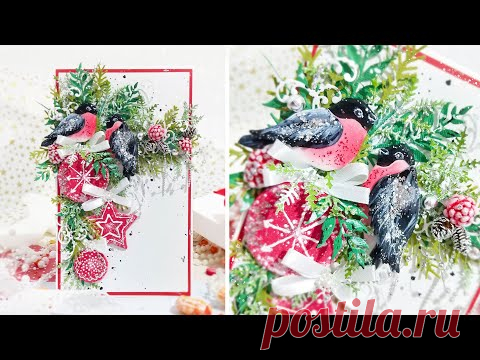 Сказочная открытка со снегирями и новогодними игрушками ручной работы (обзор)/скрапбукинг