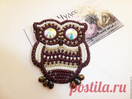 Купить Брошь Сова - сова, брошь, перья, бисер, стразы, Сваровски, swarovski, коричневый, золотой
