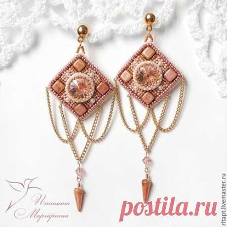 Купить Серьги с цепочками &quot;Розовое золото&quot;, вышивка бисером - бледно-розовый, серьги с цепочками, серьги
