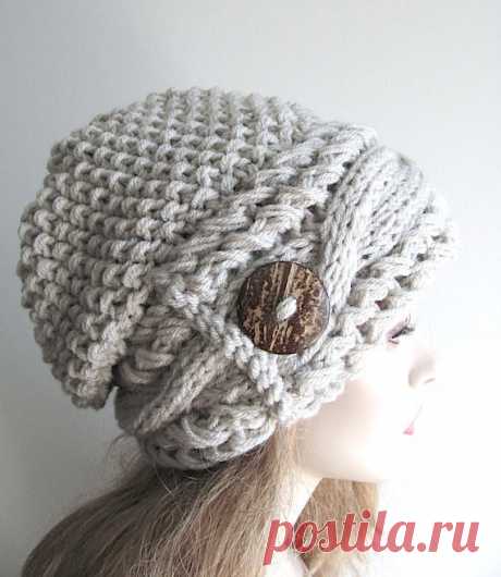Slouchy Beanie Slouch Cable Hats Oversized Baggy Beret Button womens fall winter accessory Light Grey Linen Gray Super Chunky Hand Made Knit Hand made knitted oversized slouchy hat, or cable beanie with a wooden button. Made of soft super chunky acrylic yarn in big bold stitching. The beanie is loose-fitted, thick and comfortable. Its a great accessory for winter, fall and spring. Color: featured in the Linen Grey. The Solids: