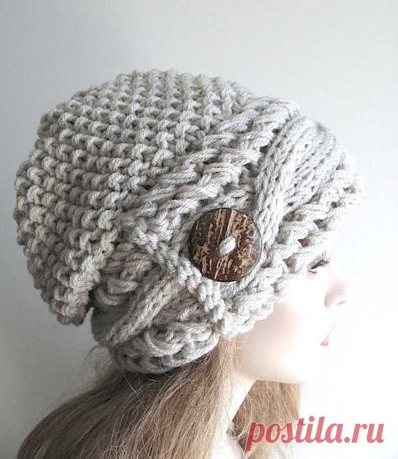 Slouchy Beanie Slouch Cable Hats Oversized Baggy Beret Button womens fall winter accessory Light Grey Linen Gray Super Chunky Hand Made Knit Hand made knitted oversized slouchy hat, or cable beanie with a wooden button. Made of soft super chunky acrylic yarn in big bold stitching. The beanie is loose-fitted, thick and comfortable. Its a great accessory for winter, fall and spring. Color: featured in the Linen Grey. The Solids: