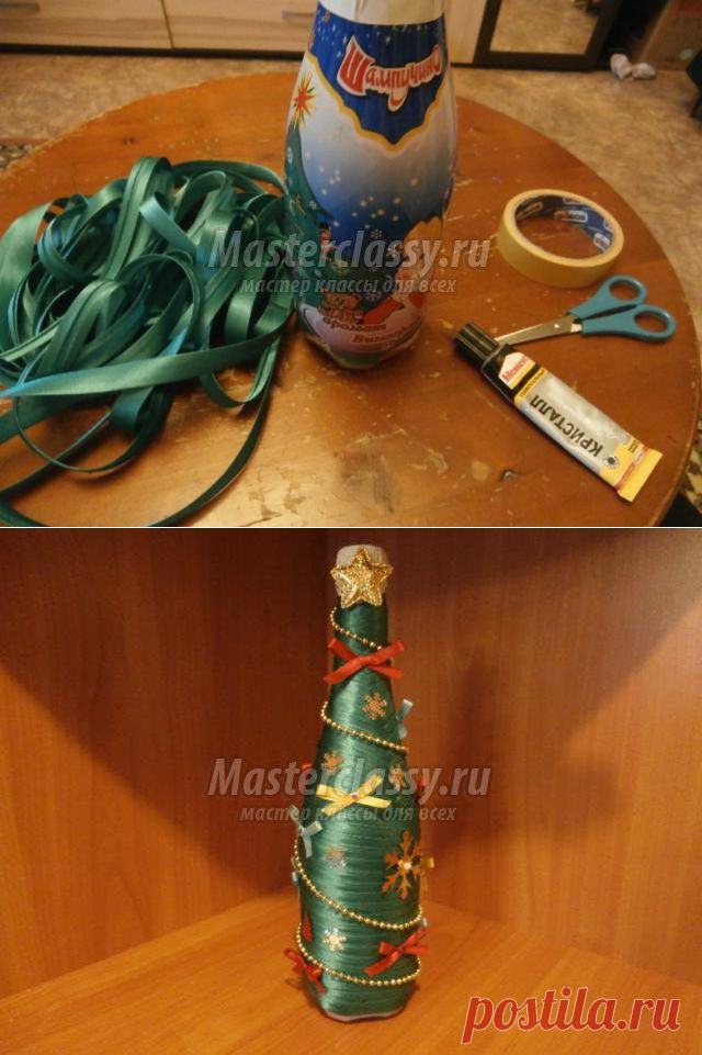 Новогодняя елочка из бутылки шампанского своими руками. Мастер класс с пошаговым фото