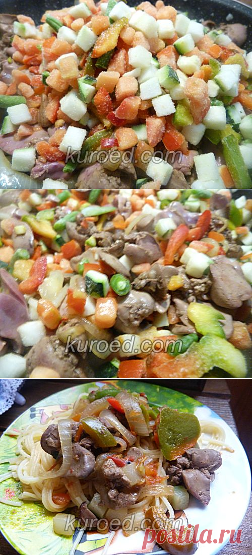 Куриная печень с паприкашем и спагетти