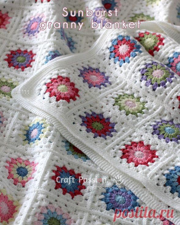 Crochet | Sunburst Granny Square Blanket | Free Pattern & Tutorial at CraftPassion.com