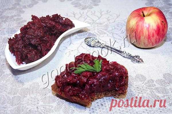 Свекольная икра с яблоками Икра нежная, вкусная, красивая. Яблоки добавляют сладкой свёкле необходимую кислинку.Эту икру можно подавать в качестве закуски или как намазку на бутерброд. Также она может выполнять роль гарнира к м…