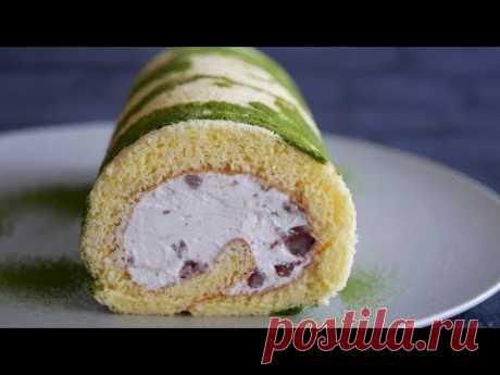 抹茶と小豆のふわ♡うまロールケーキ 珈琲味もあるよ! | Easy & Fluffy Matcha Swiss Roll