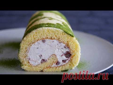抹茶と小豆のふわ♡うまロールケーキ 珈琲味もあるよ! | Easy & Fluffy Matcha Swiss Roll