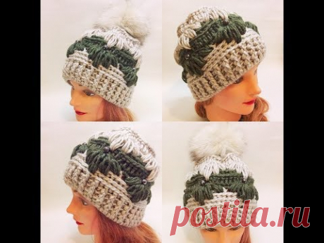 Шапка крючком на основе узора Гусиные лапки.crochet cap