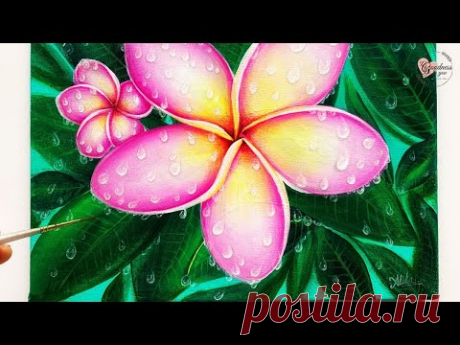Easy Plumeria Flower with Dew Drops / Acrylic painting for Beginners