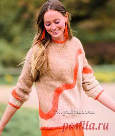 Вязаный пуловер с узором в технике интарсии — Shpulya.com - схемы с описанием для вязания спицами и крючком