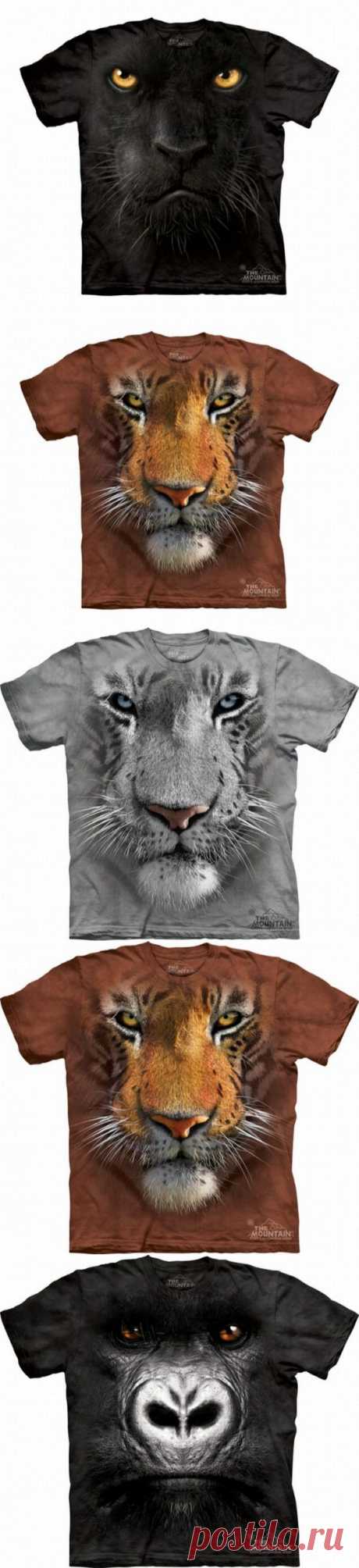 Объемные портреты животных на футболках.