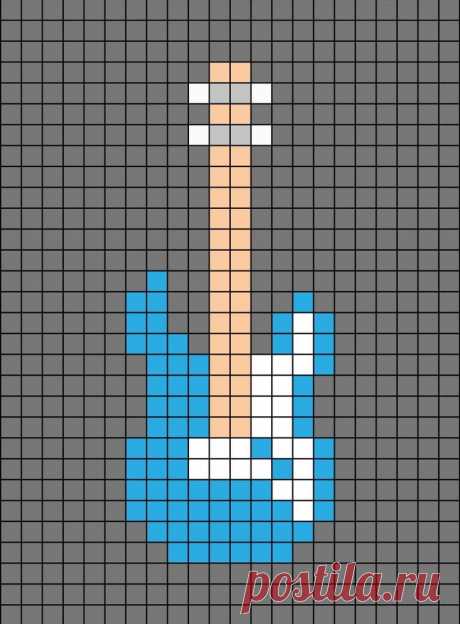 A pixel art template of a cyan, white a peach electronic guitar. Guitarra Cuadriculada, Guitarra Electrica Dibujo Pixel, Dibujos Pixelados Guitarra, Hama Beads Guitarra Electrica, Guitarra Hama Beads, Pixel Art Guitarra Electrica, Pixel Art Guitarra, Dibujos Cuadriculados, Cráneo De Ganchillo