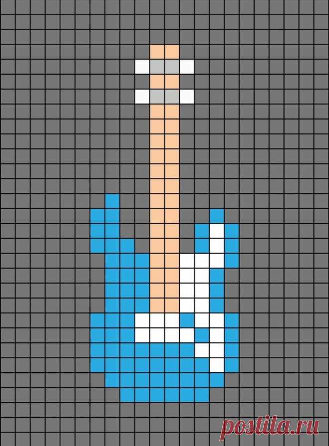 A pixel art template of a cyan, white a peach electronic guitar. Guitarra Cuadriculada, Guitarra Electrica Dibujo Pixel, Dibujos Pixelados Guitarra, Hama Beads Guitarra Electrica, Guitarra Hama Beads, Pixel Art Guitarra Electrica, Pixel Art Guitarra, Dibujos Cuadriculados, Cráneo De Ganchillo