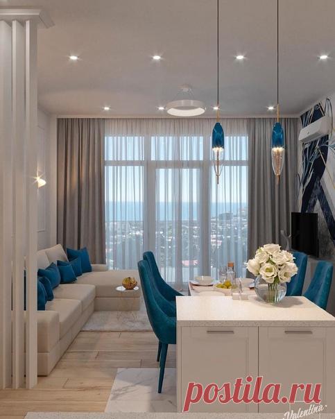 Гостиная+кухня. Проект получился отличным. Нравится цвет, который выбран в противовес белому.