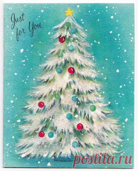 Vintage Greeting Gift Card Christmas Glittered White Tree…