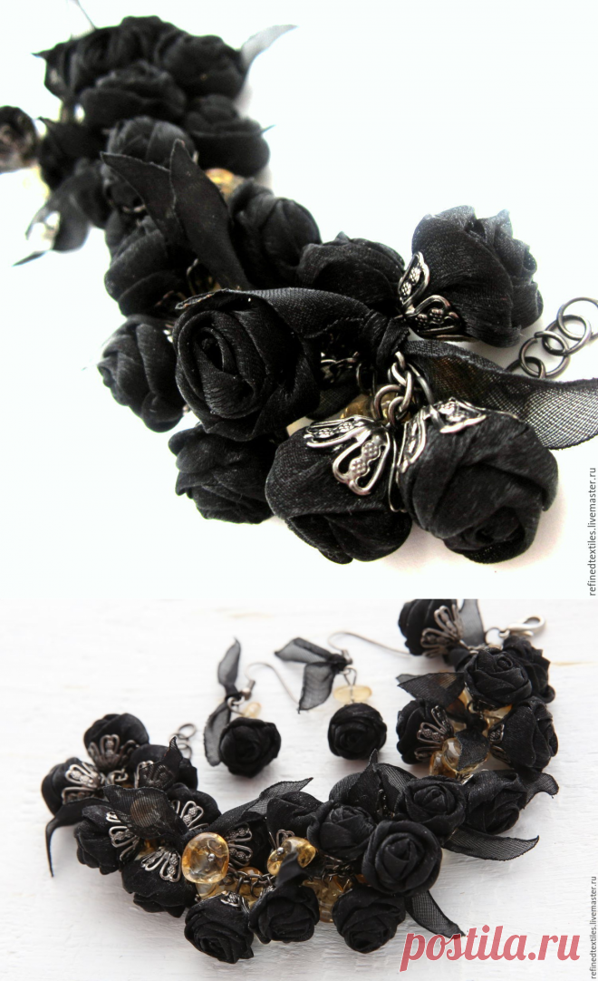 Купить Браслет из черных роз и кальцита.Черный браслет. Браслет с цветами. - черный, черный браслет