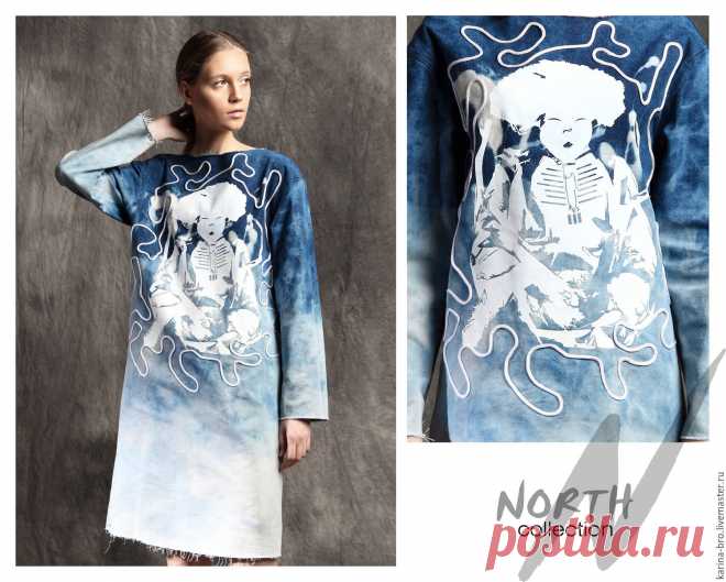 Купить Платье джинсовое "Лабиринт" - голубой, рисунок, джинсовый стиль, джинса, джинсовое платье, oversize