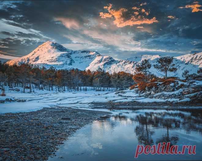 Картинки природа, зима, норвегия, озеро, лес, горы, облака - обои 1280x1024, картинка №381345