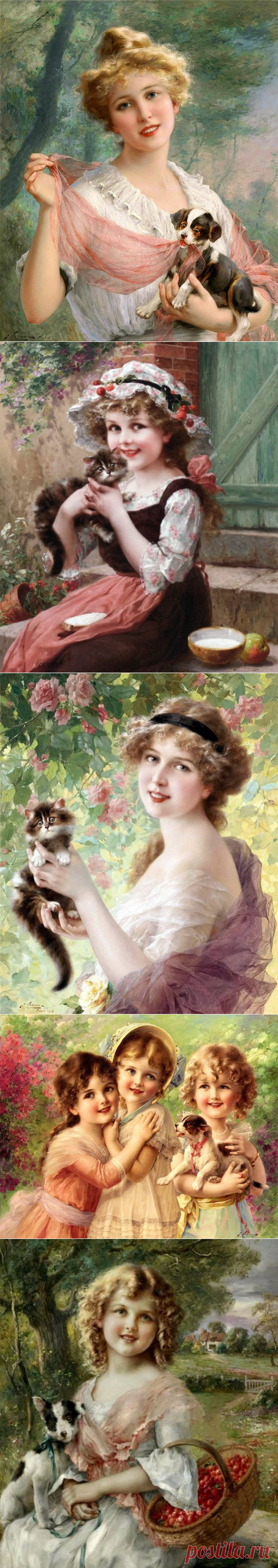 Красавицы женщины, дети и животные на винтажных французских картинах - Хвостатые байки