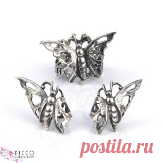 Комплект кафф + кольцо - Комплект кафф и кольцо "Взмах крыла-бабочки" серебро 925