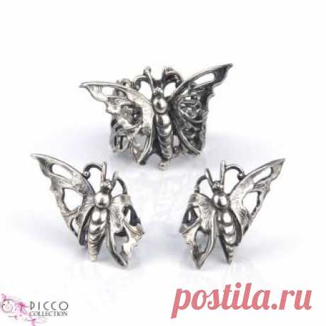 Комплект кафф + кольцо - Комплект кафф и кольцо &quot;Взмах крыла-бабочки&quot; серебро 925