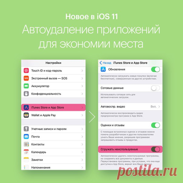 Новая функция в iOS 11 выручит вас, если на iPhone или iPad будет заканчиваться место. В такой ситуации она автоматически найдет и удалит приложения, которыми вы пользуетесь реже всего. При этом ваши документы и данные внутри приложений будут сохранены, а иконки приложений останутся на домашнем экране, став серого цвета. Впоследствии, просто коснувшись иконки, вы легко сможете загрузить приложение обратно. Чтобы эта функция могла работать, включите её в «Настройки» > «iTunes Store и App…
