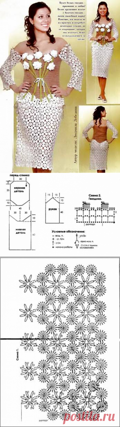 Белое кружевное платье. Схема вязания крючком. - Схемы вязания платья - Схемы для вязания - Уроки вязания крючком - Вязание крючком, схемы для вязания крючком