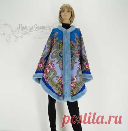 Купить Накидка-пончо "Серебро" из Павловопосадского платка - синий, цветочный, накидка-пончо, пончо