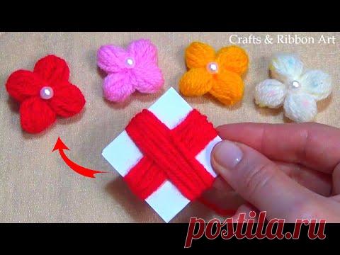 Amazing Woolen Flower Ideas with Paper - Super Easy Flower Making - Hand Embroidery Easy Trick