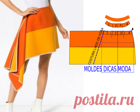 Saia com cores feminina Moldes Dicas Moda Analise com atenção a execução do molde da saia com cores feminina. A transformação do molde base no modelo da imagem está desenhada em pormenor.
