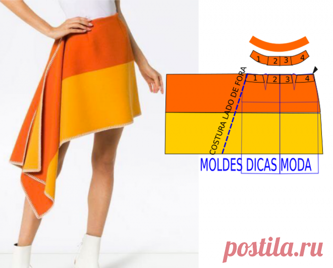 Saia com cores feminina Moldes Dicas Moda Analise com atenção a execução do molde da saia com cores feminina. A transformação do molde base no modelo da imagem está desenhada em pormenor.