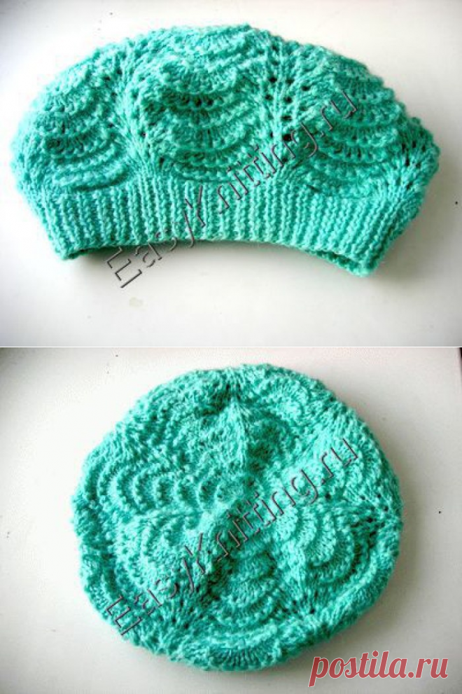 Берет спицами узором «Павлиний хвост