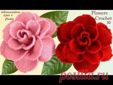 Como hacer flores rosas grandes en 3D a Crochet paso a paso tejido tallermanualperu