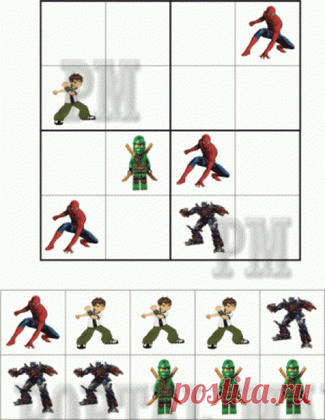 Судоку для мальчиков &quot;Мультгерои&quot; - мальчишкам будет интереснее играть в компании любимых героев из мультфильмов: человек паук, Лойд (ниндзяго), Оптимус Прайм (трансформеры), Бен 10.