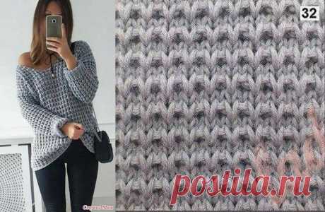 Крупный узор для вязания пуловера спицами Огромным преимуществом вязания изделий крупными узорами является то, что вяжутся такие вещи достаточно быстро, а выглядят изделия