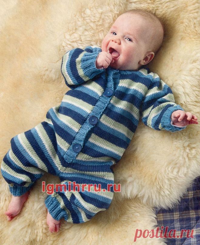 Для малыша 3-18 месяцев. Комбинезон в полоску. Вязание спицами для детей со схемами и описанием