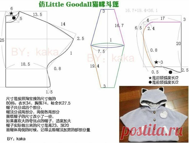 ДЕТСКОЕ ПАЛЬТО-НАКИДКА ИЗ ФЛИСА С УШКАМИ
Выкройка на рост ребенка 80 см
▼▼▼